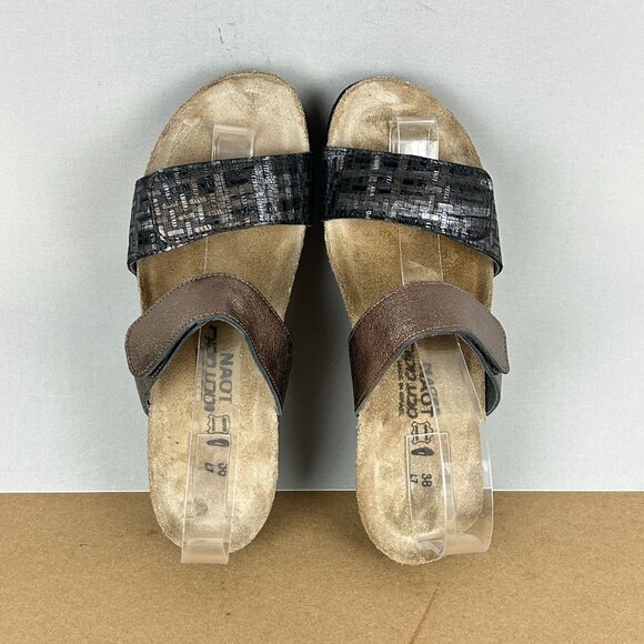 Naot Althea Leather Two Strap Sandals Womens 7 Black Rose Gold Slip On - Picture 5 of 9